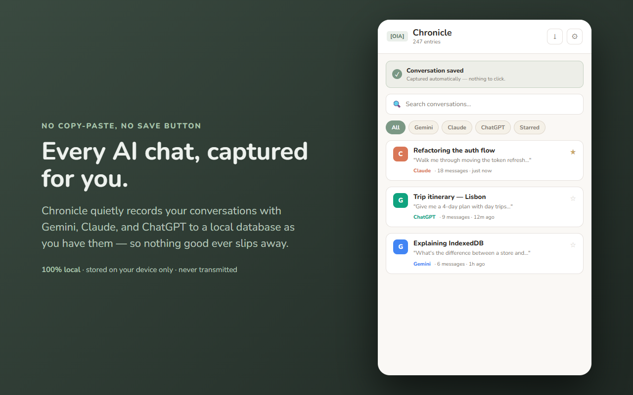 Chronicle — every AI chat captured automatically to a local database