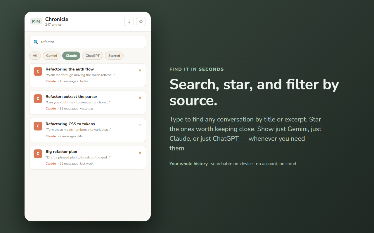 Chronicle — search, star, and filter by Gemini, Claude, or ChatGPT