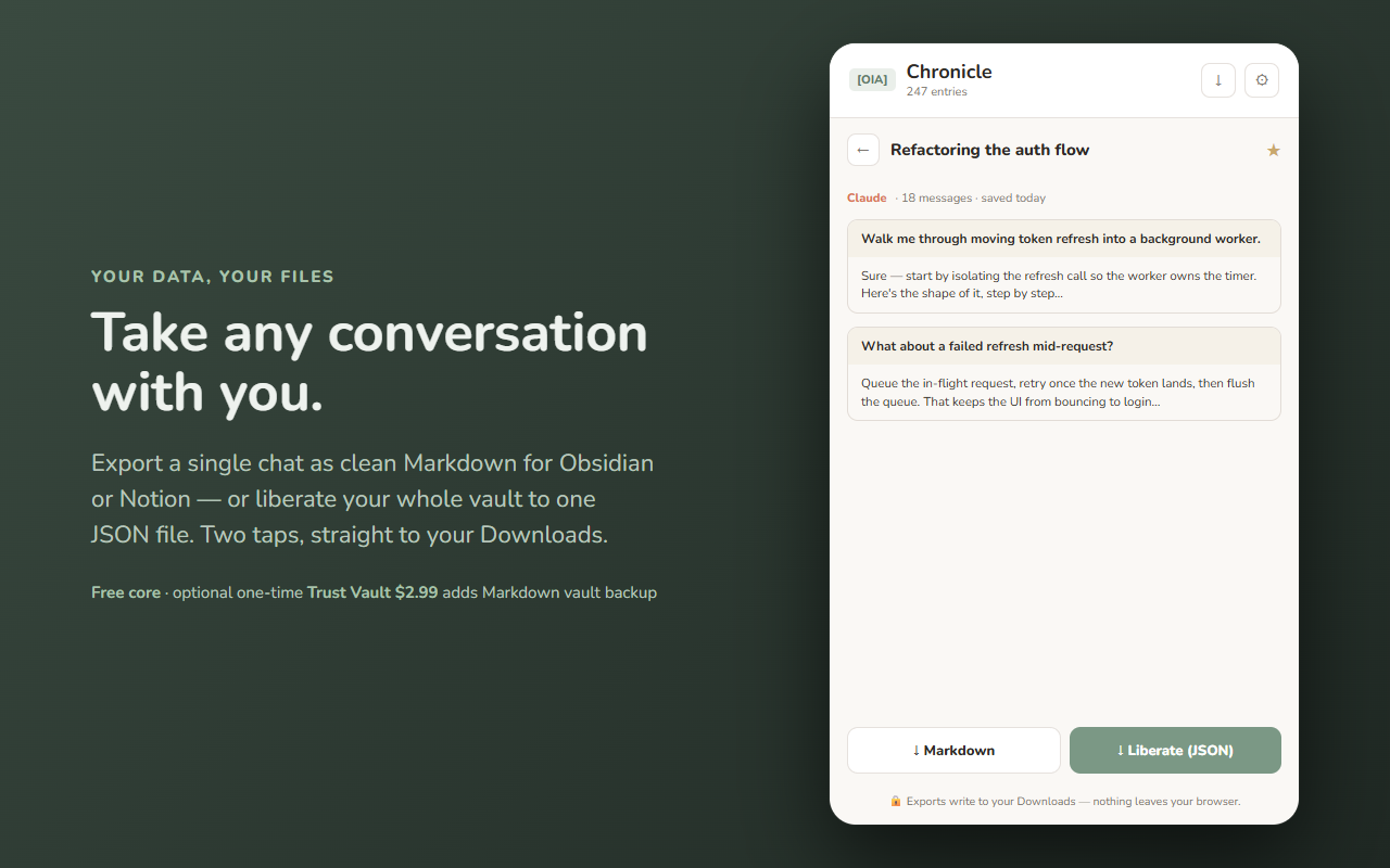 Chronicle — export a conversation to Markdown or your whole vault to JSON