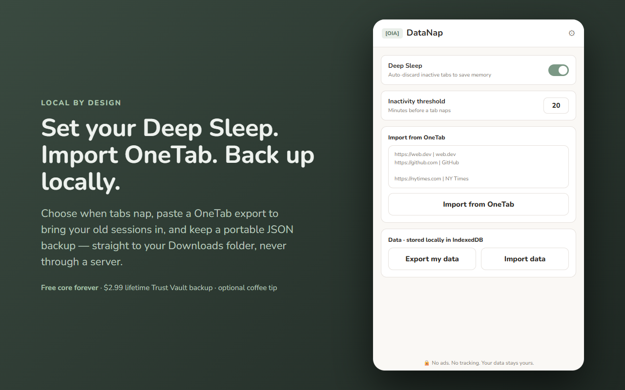 DataNap — options: Deep Sleep settings, OneTab import, local backup (placeholder, real capture needed)