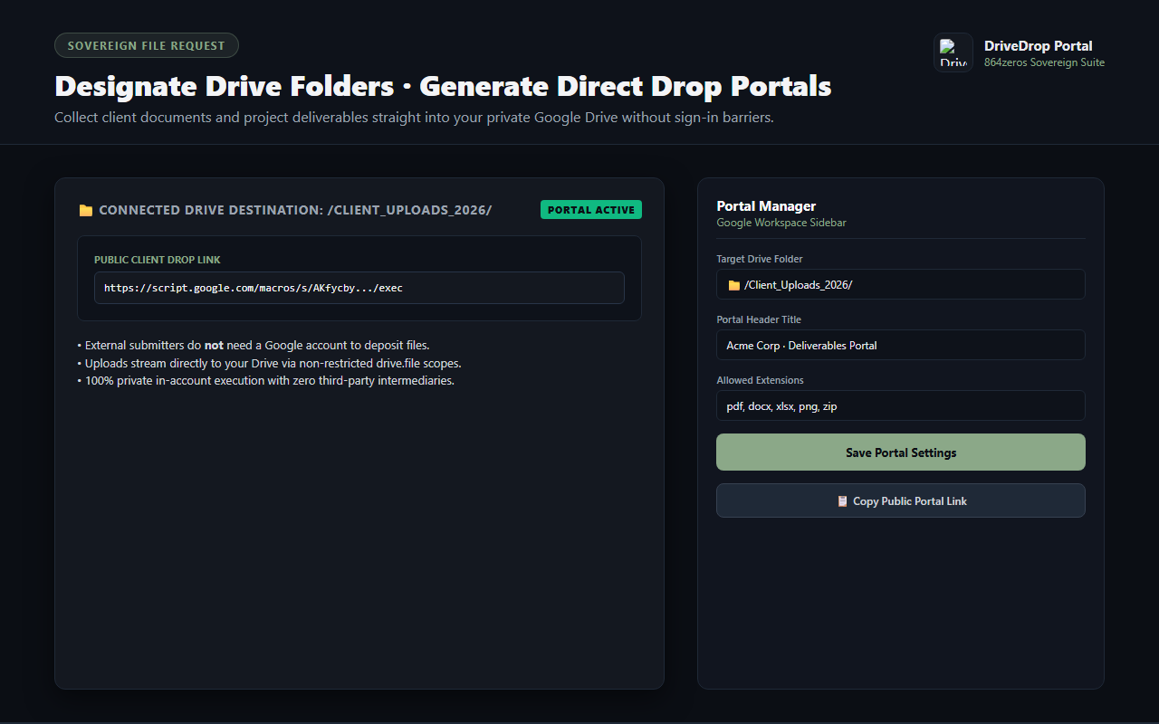 DriveDrop Portal — destination folder setup and portal link generator