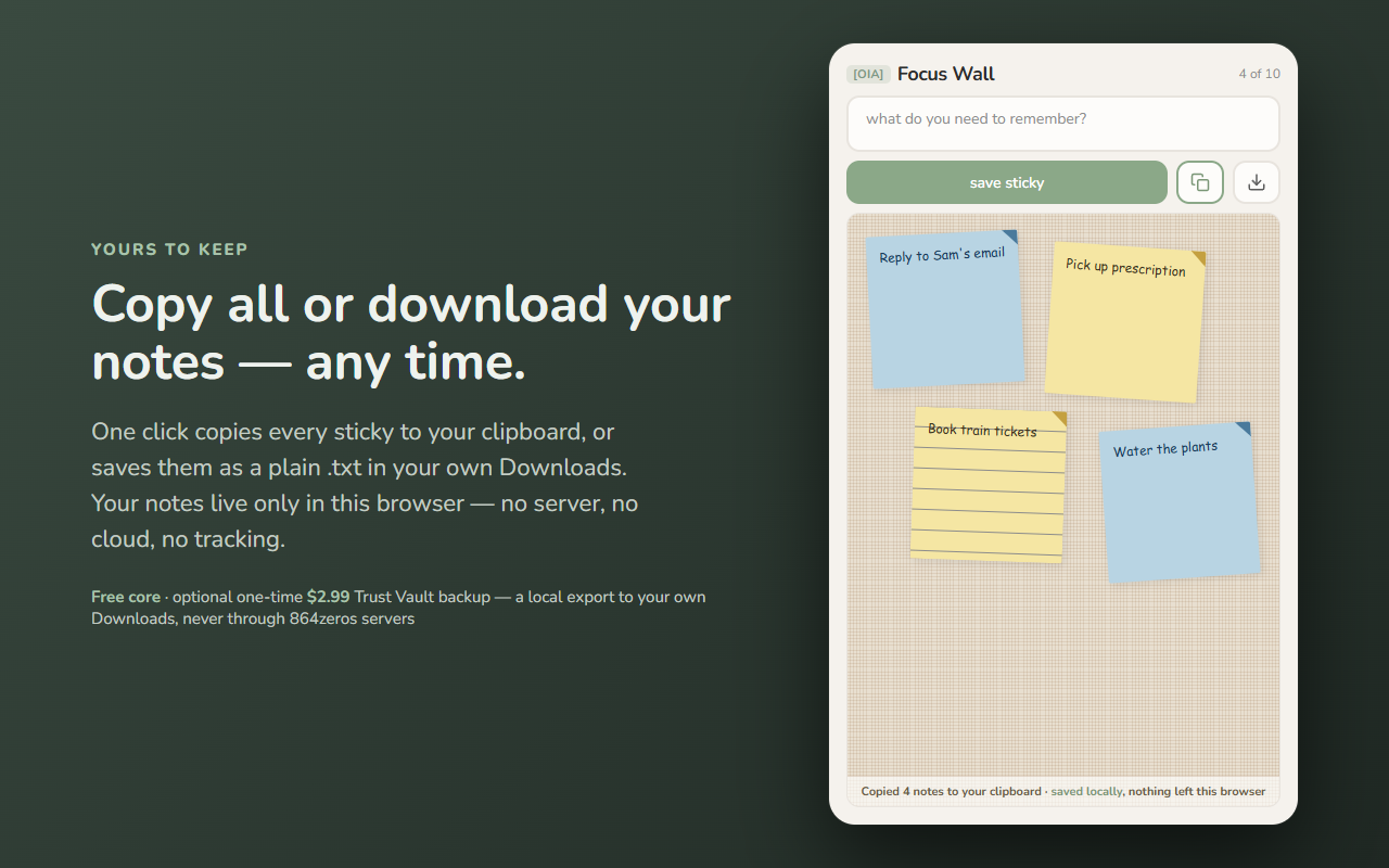 Focus Wall — copy all or download your notes, all local