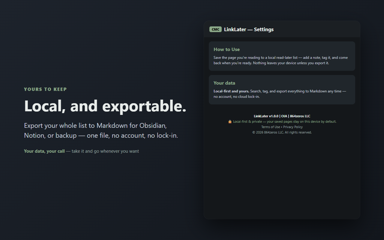 LinkLater — local and exportable to Markdown