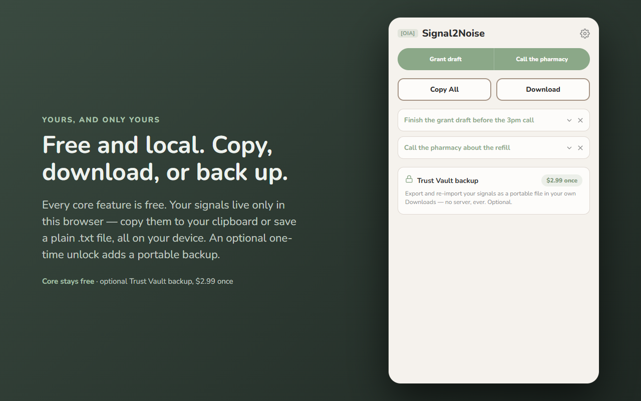 Signal2Noise — free, local, with copy, download, and backup
