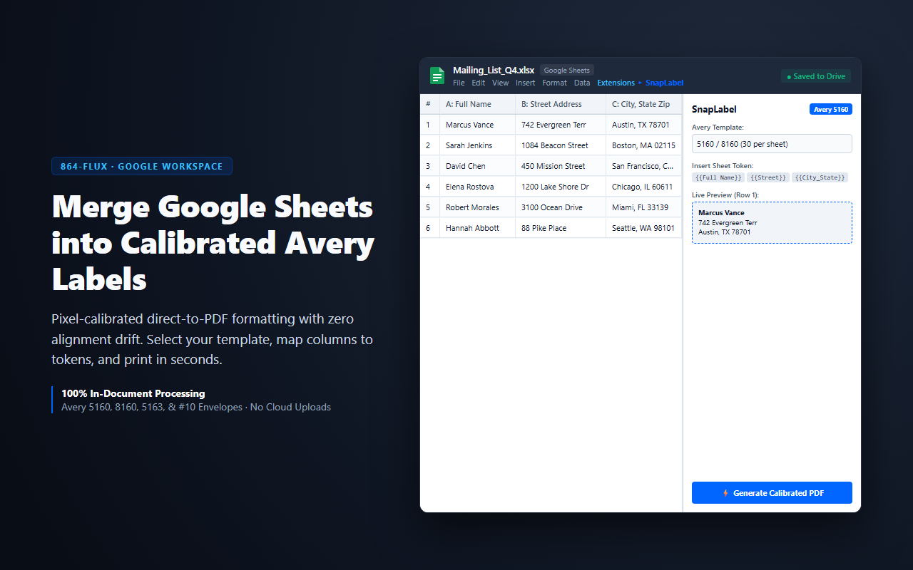 SnapLabel — merge Google Sheets into calibrated Avery labels