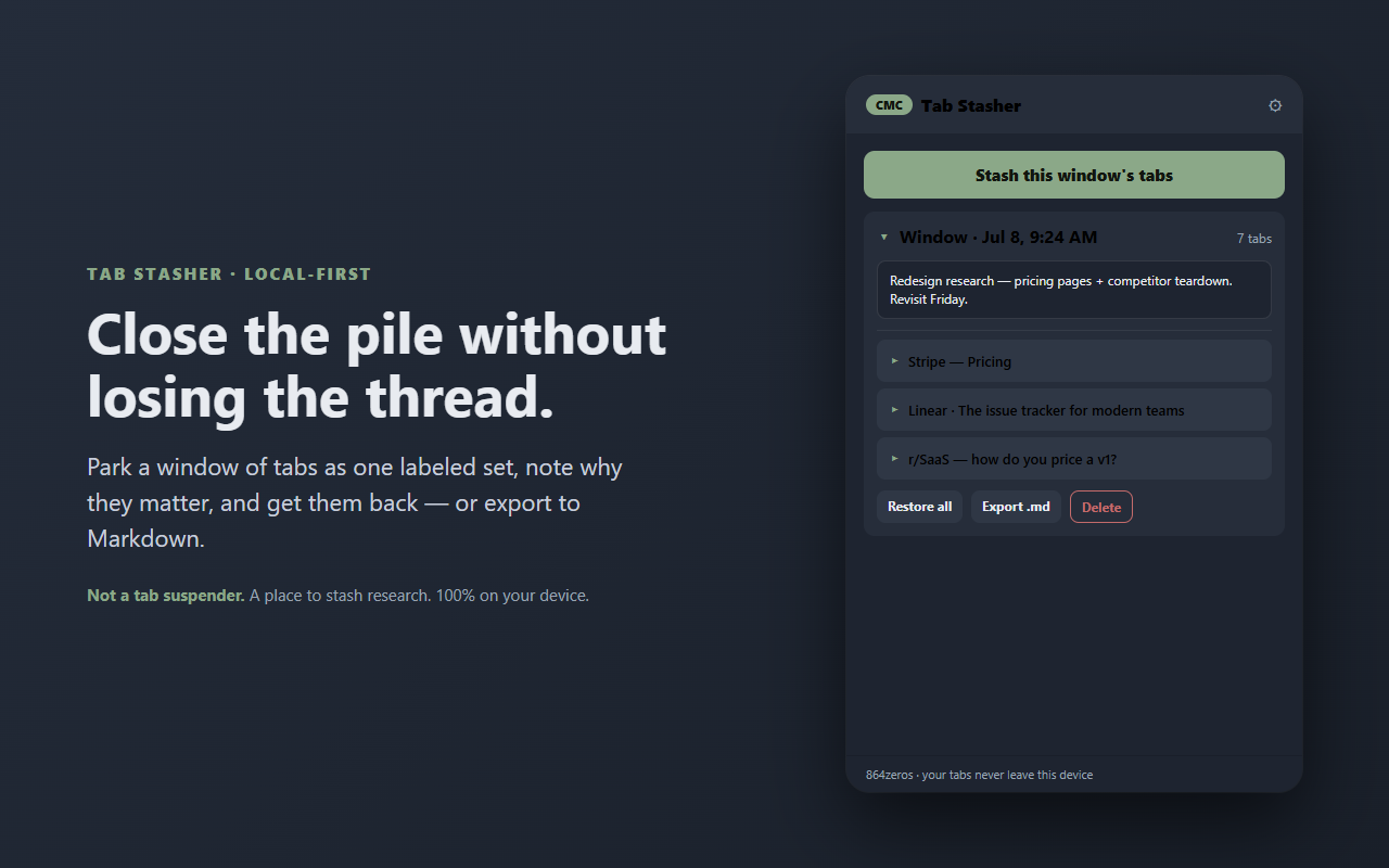 Tab Stasher — park a window of tabs in one click