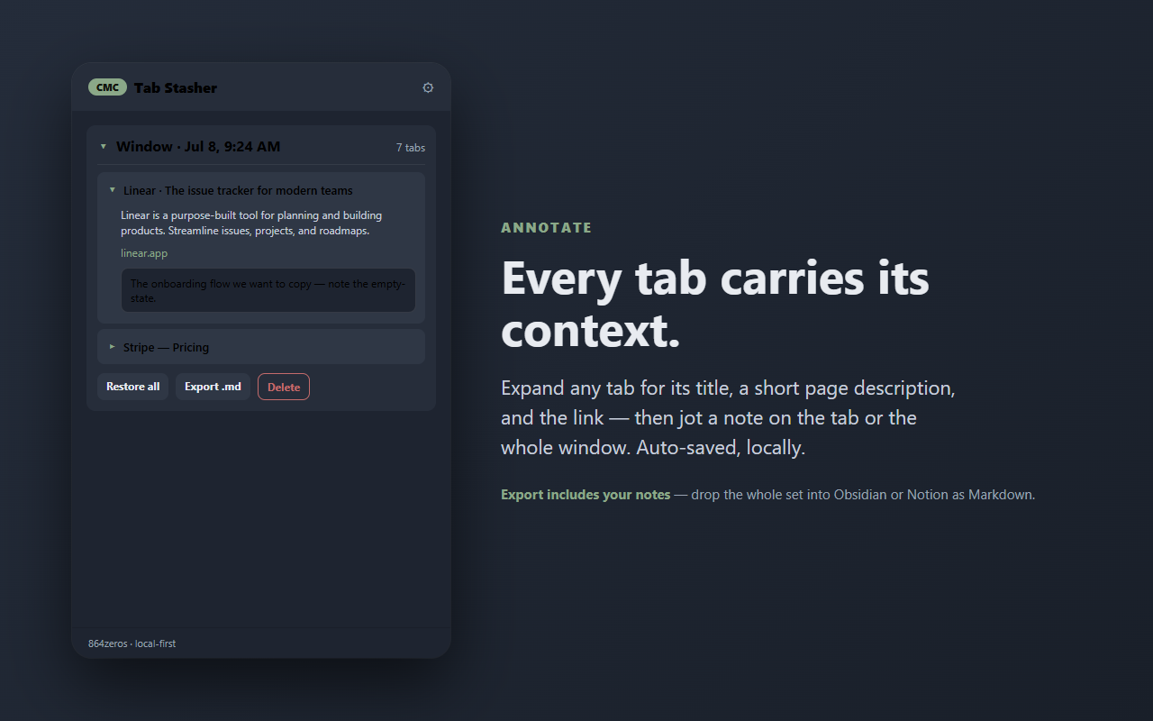 Tab Stasher — every tab carries its title, description, link, and your notes