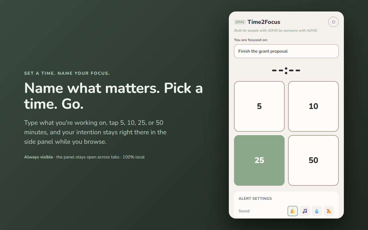 Time2Focus — name your focus and pick a preset timer in the side panel