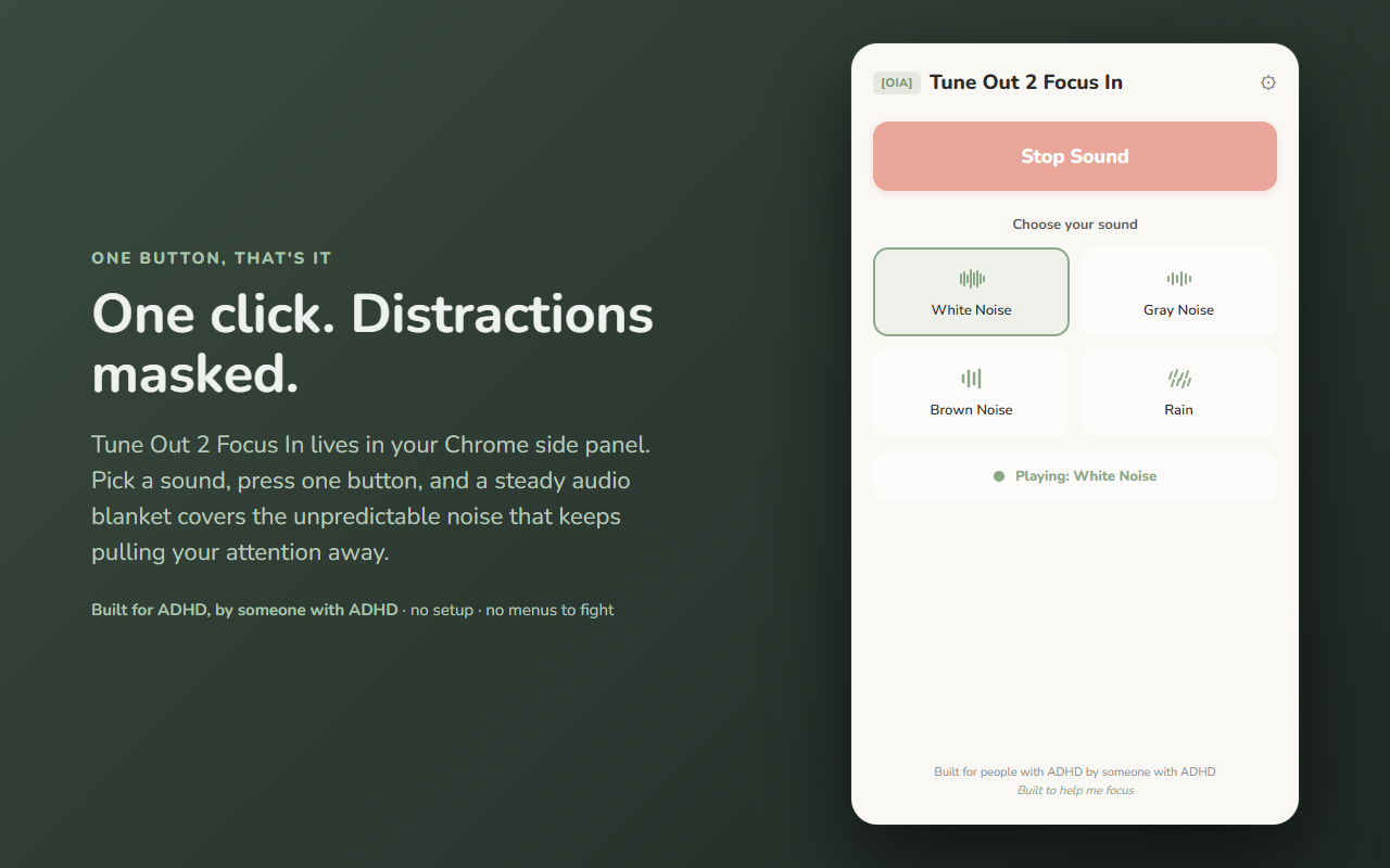 TuneOut2FocusIn — one-click background noise in the Chrome side panel