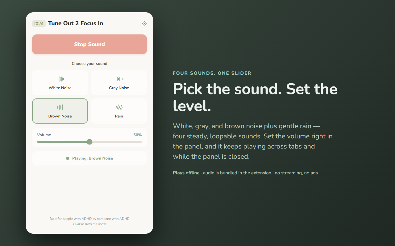 TuneOut2FocusIn — white, gray, brown noise and rain with a volume slider